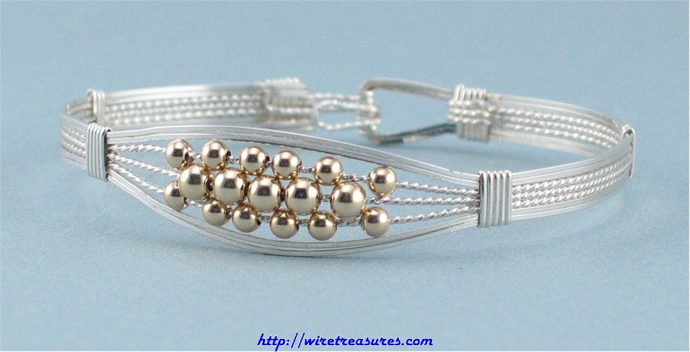 Silver Bangle Bracelet with Gold Beads