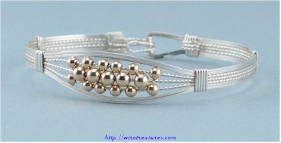 Silver Bangle Bracelet with Gold Beads