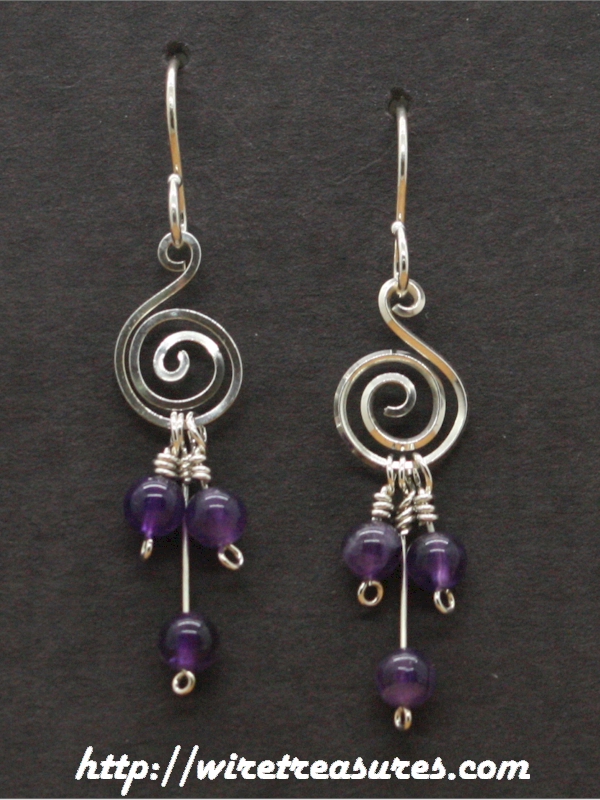"G-Clef" Earrings with Triple Amethyst Beads
